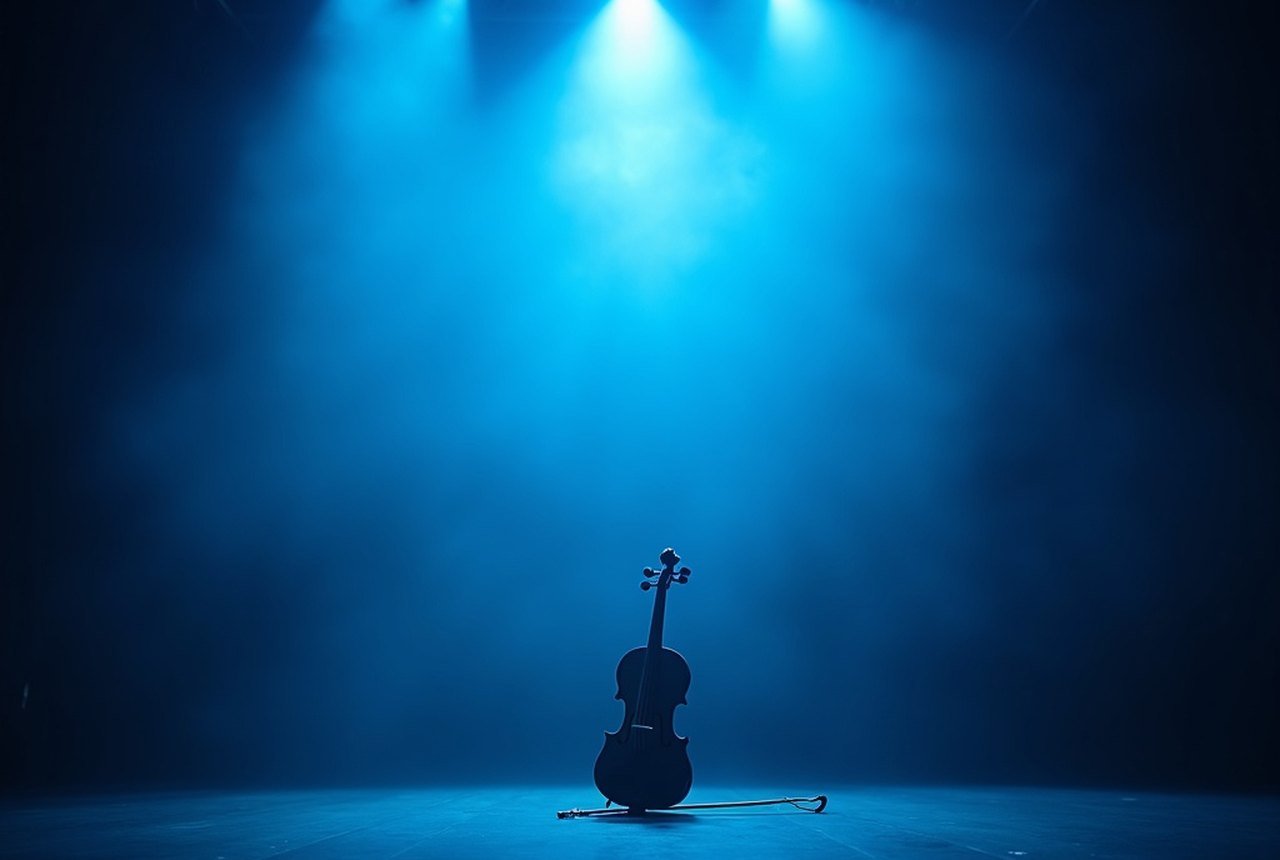 Blue-white stage haze over a bare stage, a single violin bow resting in cold light