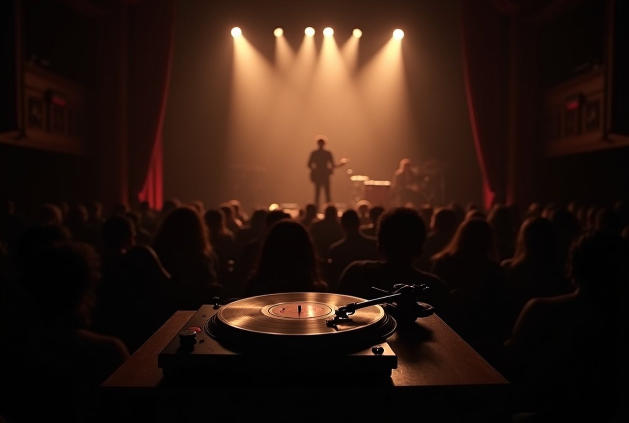 A dim listening room with a turntable and a stack of vinyl records catching low warm light