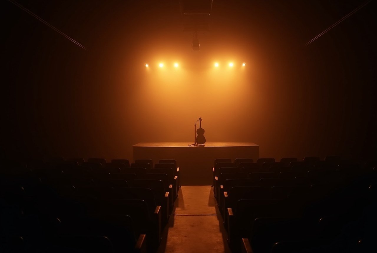 An empty small theatre auditorium seen from the stage, work-light glowing amber